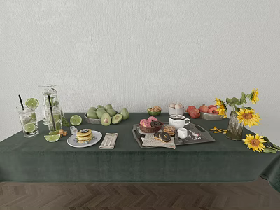 Fresh Food Spread With Limes Avocados Fruit Platter Coffee And Sunflowers On Dark Green Tablecloth 3d model
