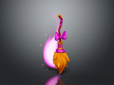 Magical Broom with Pink Bow Orange Handle and Yellow Bristles Purple Light Effects 3d model