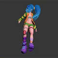 Colorful Anime Character With Blue Hair Green Striped Top Orange Vest And Purple Platform Shoes