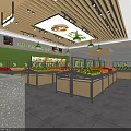 Bright Fruit Store Interior with Wooden Decor and Various Fresh Fruits on Display Counters