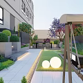 Water Fountain in Modern Courtyard with Lawn Stone Path and Green Plants