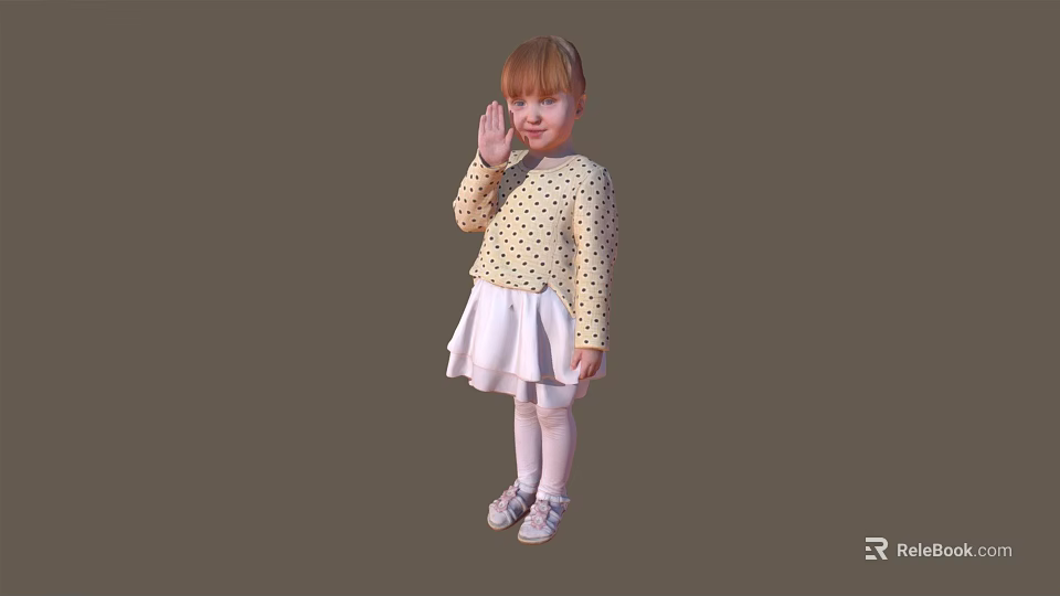 Woman In Yellow Polka Dot Top And White Skirt Waving Hand Against Gray Background 3d model 