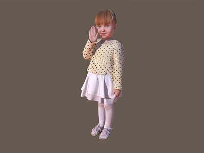 Woman In Yellow Polka Dot Top And White Skirt Waving Hand Against Gray Background 3d model