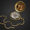 Vintage Gold Pocket Watch with Portrait Inside Dial and Chain