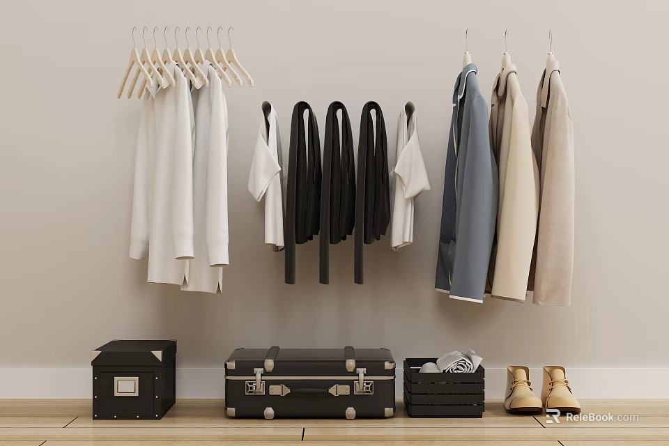 Neatly Hanging Clothes on Wooden Hangers with Black Suits White Shirts Suitcases and Shoes 3d model 