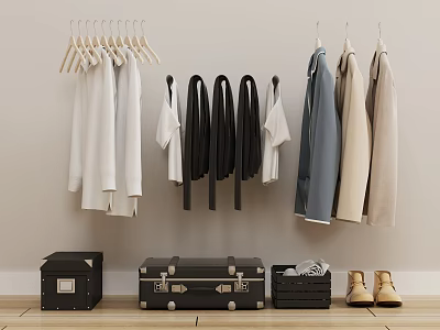 Neatly Hanging Clothes on Wooden Hangers with Black Suits White Shirts Suitcases and Shoes 3d model