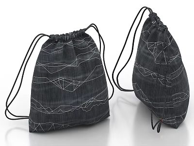 Black Drawstring Bags With White Geometric Line Patterns And Textured Fabric 3d model