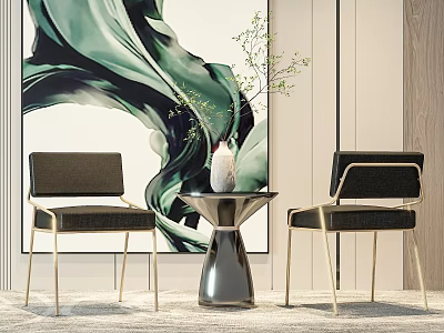 Two Modern Leisure Chairs with Round Table Vase and Abstract Green Artwork in Modern Interior 3d model