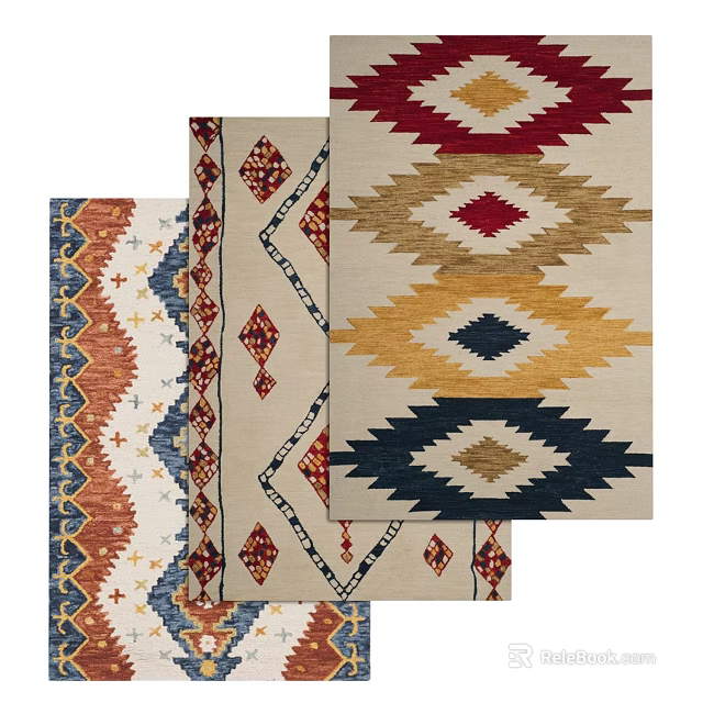 Colorful Traditional Square Rugs With Geometric Patterns Red Yellow Blue Ethnic Designs 3d model 