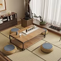 Traditional Japanese Tea Room Interior With Tatami Floor Wooden Table And Blue Cushions