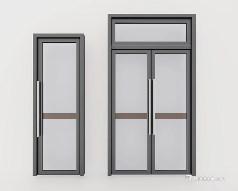 Modern Black Frame Double Doors With Glass Panels And Metal Handles 3d model 