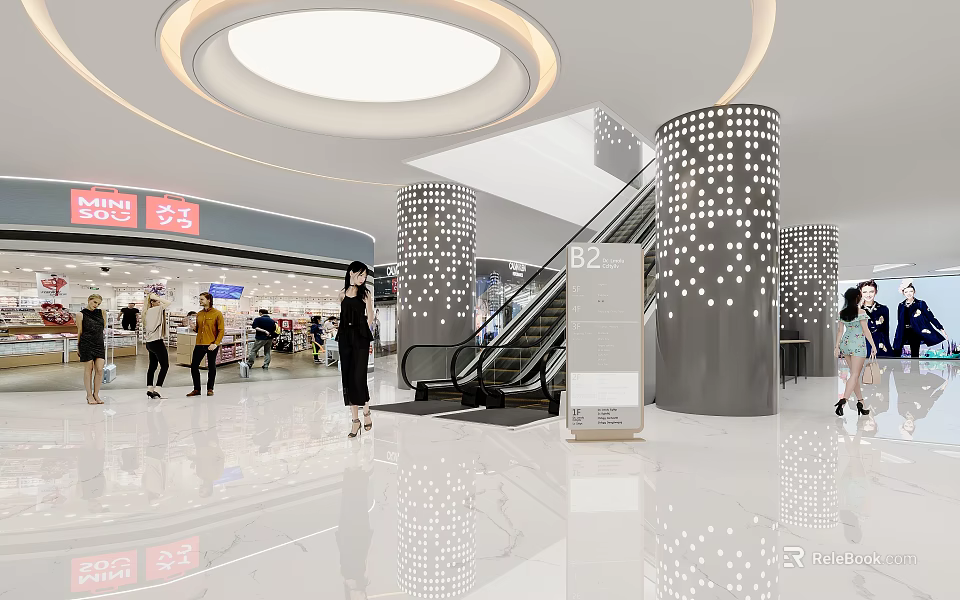 Modern Shopping Mall Atrium With Circular Ceiling Light Polka Dot Pillars And Escalators 3d model 