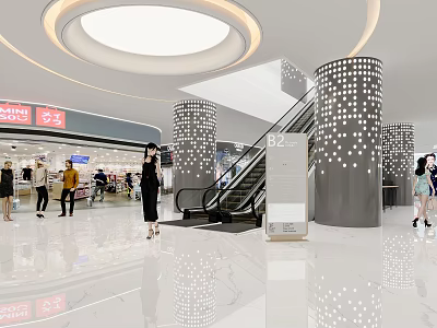 Modern Shopping Mall Atrium With Circular Ceiling Light Polka Dot Pillars And Escalators 3d model