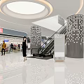 Modern Shopping Mall Atrium With Circular Ceiling Light Polka Dot Pillars And Escalators 3d model