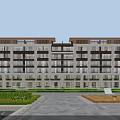 Modern Multi Floor Residential Building Exterior With Large Windows Landscaped Garden And Courtyard Path