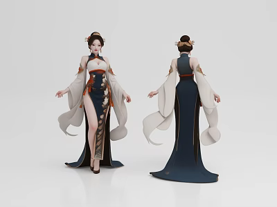 Woman In Traditional Classical Dress With Flowing Sleeves Slit Skirt And Elegant Hair Bun 3d model