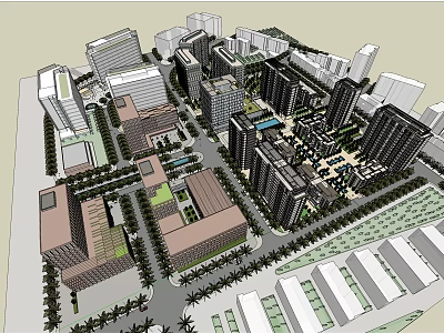 Modern Commercial Street Urban Design With High Rise Buildings And Green Areas 3d model