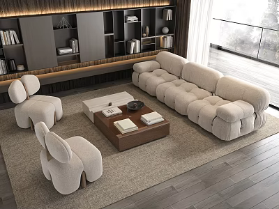 Modern Plush Fabric Sofa With Wooden Coffee Table And Accent Chairs In Living Room 3d model