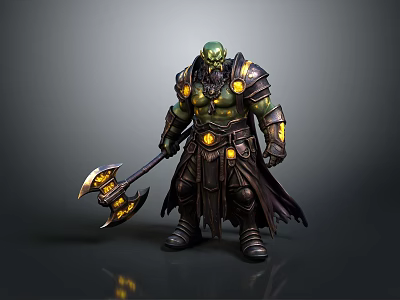 Muscular Green Orc Warrior In Black Armor With Glowing Axe 3d model