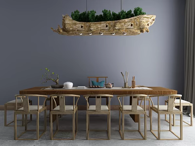 Elegant Wooden Tea Table And Chairs With Tea Sets And Decorative Plant Ornaments 3d model