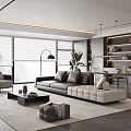 Modern Living Room Interior With Large Windows Blinds Dark Sofa Coffee Table And Green Plant
