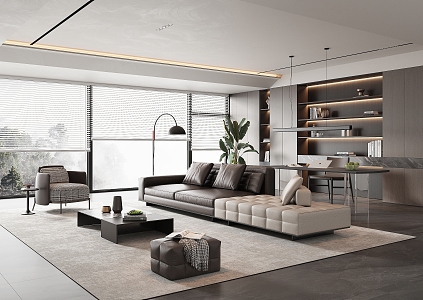 Modern Italian Style Living Room Italian Style Light Luxury Living Room Large Flat Floor Living Room Sofa Combination Leather Sofa Multi-person Sofa Living Room Study Integrated Desk and Chair Combination Bookcase 3d model