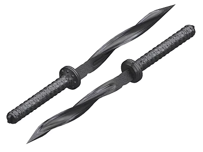 Pair Of Black Twisted Blade Weapons With Textured Handles And Sharp Edges 3d model