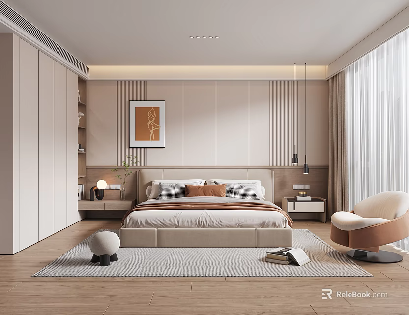 Modern Bedroom Interior With Bed Nightstand Pendant Lights Armchair And Decorative Painting 3d model 