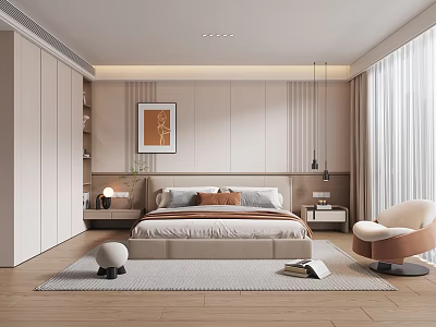 Modern Bedroom Interior With Bed Nightstand Pendant Lights Armchair And Decorative Painting 3d model