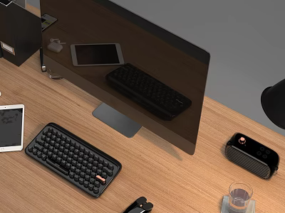 Modern Computer Workspace With Monitor Keyboard Mouse Tablet And Tech Accessories 3d model