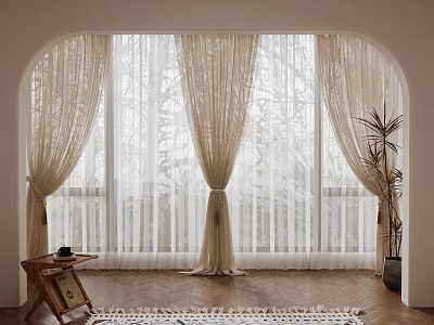 Arched Window With Beige Sheer Curtains Tree View And Interior Rug 3d model
