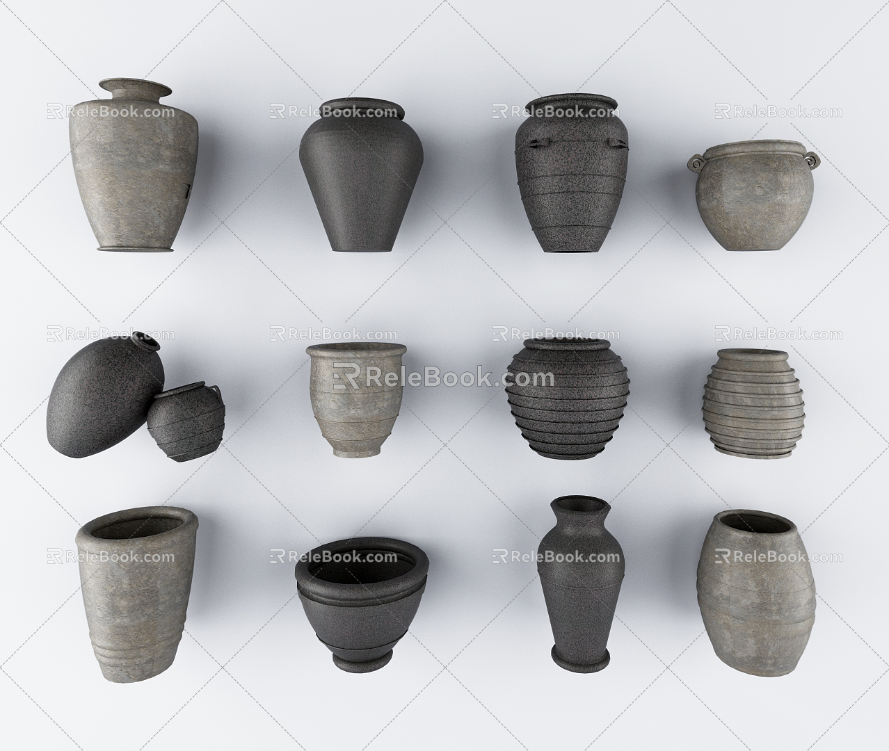 Chinese Style Pottery Pot Pottery Pot Combination 3d model