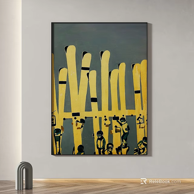 Vibrant Abstract Painting Featuring Yellow Vertical Strokes And Black Abstract Figures 3d model