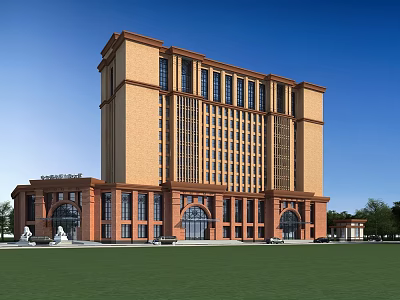 Modern Classical Office Building With Brown Beige Large Windows Arched Entrances Green Lawn And Fountains 3d model