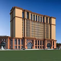 Modern Classical Office Building With Brown Beige Large Windows Arched Entrances Green Lawn And Fountains