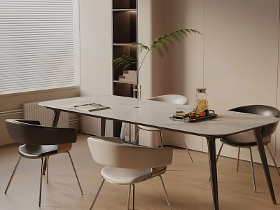 Modern Dining Table Set with Black White Chairs Tray Fruits Drinks Plant Window and Bookshelf 3d model