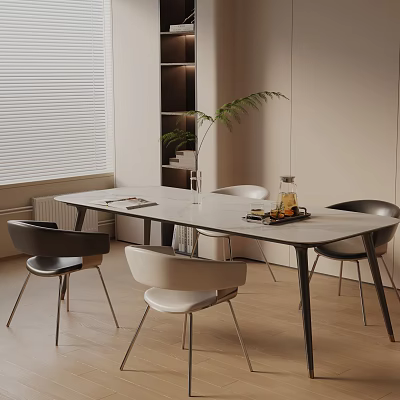 Modern Dining Table Set with Black White Chairs Tray Fruits Drinks Plant Window and Bookshelf 3d model