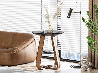 Modern Living Room Round Side Table with Brown Leather Sofa Pampas Grass and Floor Lamp 3d model
