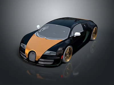 Black And Gold Bugatti Sports Car With Sleek Exterior And Golden Wheels 3d model