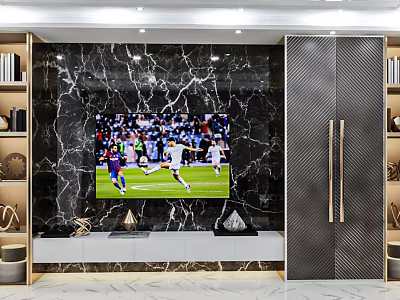 Marble TV Background Wall With Football Match Display And Side Bookshelves 3d model