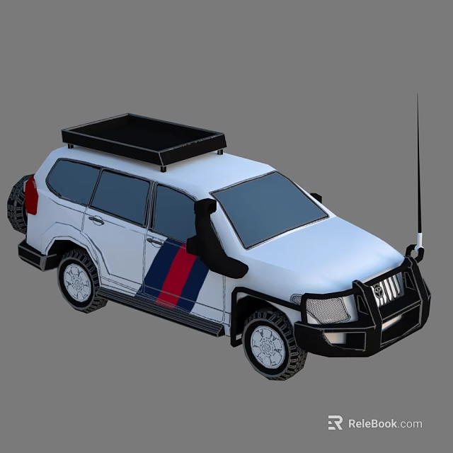 White Police Utility Vehicle Featuring Black Roof Rack Red Blue Stripes Front Bumper Guard Antenna 3d model 