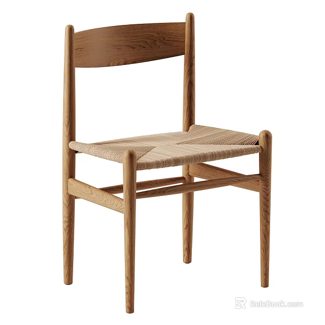 Minimalist Natural Oak Dining Chair With Woven Seat And Solid Wooden Legs Design 3d model 