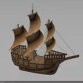 Wooden Sailing Ship Model With Brown Sails And Ornate Watercraft Details