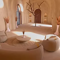 Elegant Beige Interior Design With Curved Sofa Round Coffee Table Bare Tree Branch And Arched Windows