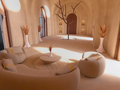 Elegant Beige Interior Design With Curved Sofa Round Coffee Table Bare Tree Branch And Arched Windows 3d model