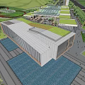Modern Sales Office Building With Glass Curtain Wall Sleek Lines Water Pool And Pedestrians Exterior