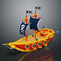 Pirate Ship Play Equipment with Yellow Hull Blue Sails Red Cabin and Black Skull Flags