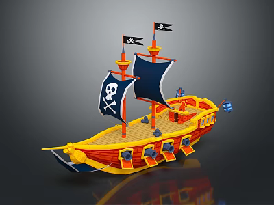Pirate Ship Play Equipment with Yellow Hull Blue Sails Red Cabin and Black Skull Flags 3d model