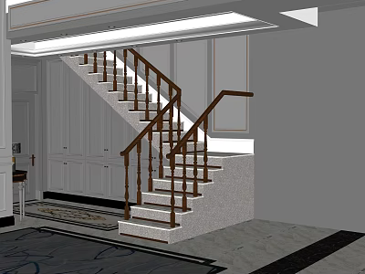 Elegant Staircase Interior Design With Wooden Handrail White Steps And Carpet 3d model