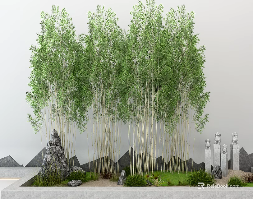 Garden Ornamental Landscape with Bamboo Grove Rocks Rock Formations Small Statues and Grass 3d model 